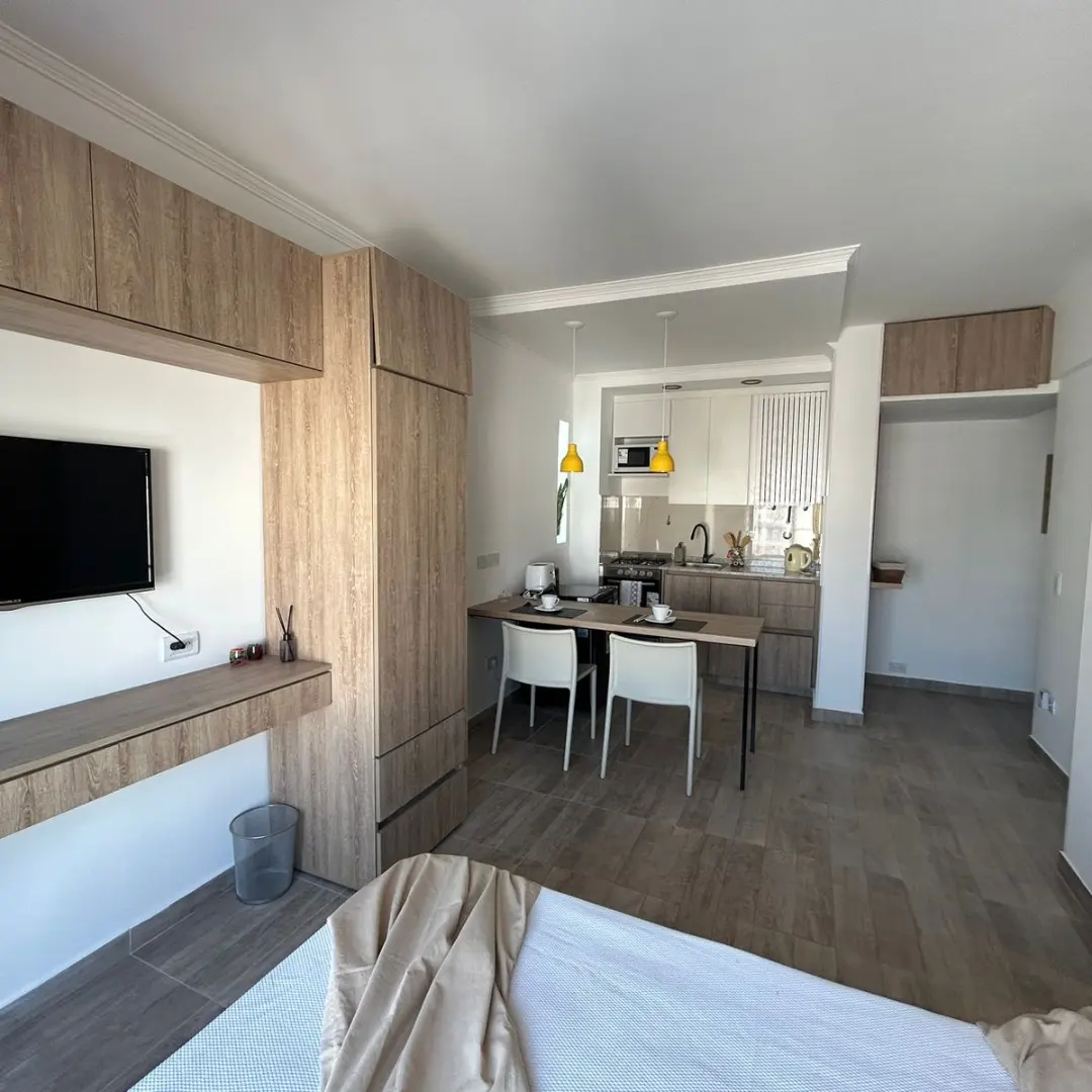 Monoambiente terminado con cocina integrada y muebles a medida